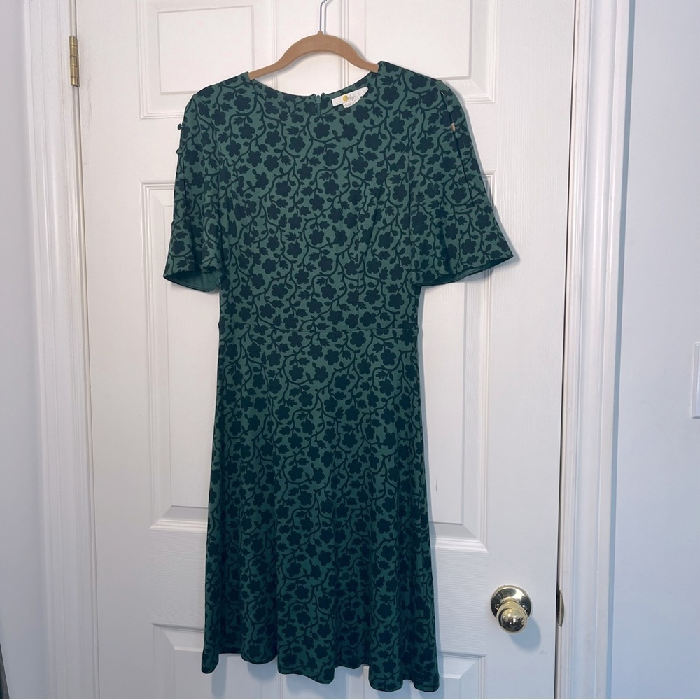 Boden Green Floral Alexis Midi Dress Button Sleeves Size 4R